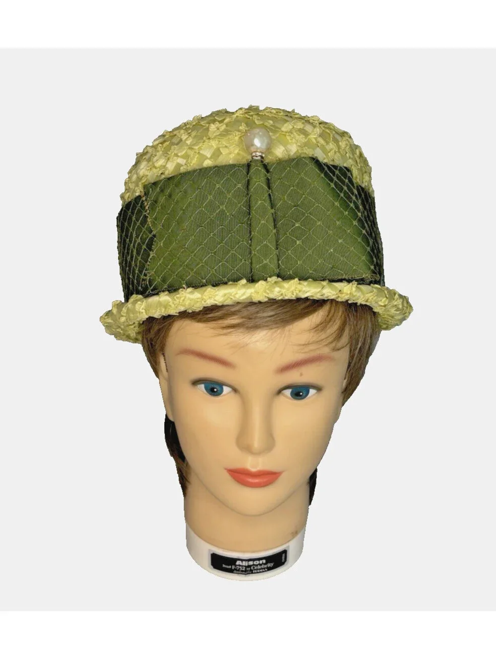Vintage 1960's La Charme Women's Green Woven Pillbox Hat Ribbon Hat Pin 21